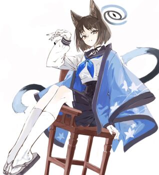 1girl animal_ears black_hair black_sailor_collar black_skirt blue_archive blue_haori blue_neckerchief cat_ears cat_girl cat_tail chair halo haori high-waist_skirt japanese_clothes kikyou_(blue_archive) kneehighs konabetate looking_at_viewer multiple_tails neckerchief nekomata on_chair pleated_skirt sailor_collar sandals school_uniform serafuku shirt short_hair simple_background sitting skirt socks solo tail white_background white_shirt white_socks wooden_chair zouri