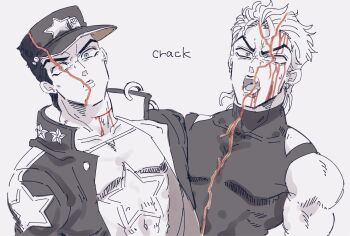 2boys aqua_eyes blood blood_on_face chain coat commentary_request cuts dio_brando english_text greyscale hat injury jojo_no_kimyou_na_bouken kuujou_joutarou male_focus monochrome multiple_boys muscular muscular_male mutsuki_(mutuki05) open_mouth scene_reference sleeveless sleeveless_turtleneck slit_throat spot_color star_(symbol) stardust_crusaders stone_ocean turtleneck