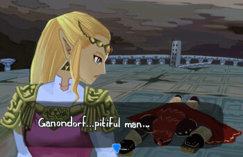 1boy 1girl blonde_hair blue_eyes cape circlet derivative_work dialogue_box dress earrings elbow_gloves english_text ganondorf gauntlets gloves jewelry long_hair looking_at_another looking_back lying nintendo om-nom-berries on_stomach pauldrons pointy_ears princess_zelda red_hair screenshot_redraw shoulder_armor the_legend_of_zelda the_legend_of_zelda:_ocarina_of_time upper_body