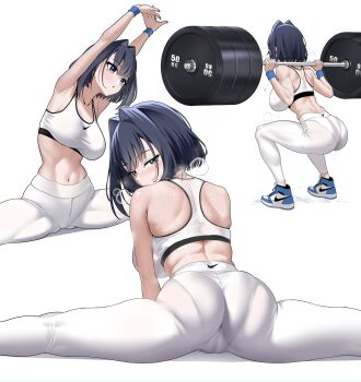 Rule 34 | 1girl, absurdres, air jordan 1, ass, black hair, blue eyes, blue hair, bottle, breasts, cameltoe, cleavage, colored inner hair, commentary, english commentary, exercising, fanged bangs, full body, hair intakes, highres, hololive, hololive english, large breasts, logo, looking at viewer, midriff, multicolored hair, multiple views, navel, nike (company), ouro kronii, panties visible through clothes, pants, raikkonen, shoes, short hair, simple background, sneakers, split, sports bra, squatting, stretching, virtual youtuber, weightlifting, white background, white pants, white sports bra, yoga pants