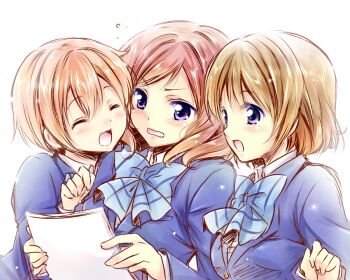 3girls :3 :d ^_^ blazer blue_bow blue_bowtie blue_jacket blush bow bowtie breasts brown_hair closed_eyes collared_shirt commentary_request diagonal-striped_bow diagonal-striped_bowtie diagonal-striped_clothes dress_shirt holding holding_paper hoshizora_rin jacket koizumi_hanayo long_sleeves love_live! love_live!_school_idol_project medium_breasts medium_hair multiple_girls nishikino_maki open_mouth orange_hair otonokizaka_school_uniform paper paper_stack partial_commentary purple_eyes red_hair school_uniform shirt short_hair sideways_mouth simple_background smile striped_bow striped_bowtie striped_clothes uira_akuru upper_body v-shaped_eyebrows white_background white_shirt winter_uniform