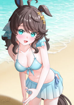 1girl absurdres ahoge alternate_costume animal_ears beach black_hair blue_eyes blush breasts cleavage collarbone daring_tact_(umamusume) gamel_120 hair_ornament highres horse_ears horse_girl looking_at_viewer medium_breasts medium_hair ocean solo star_(symbol) star_hair_ornament swimsuit umamusume