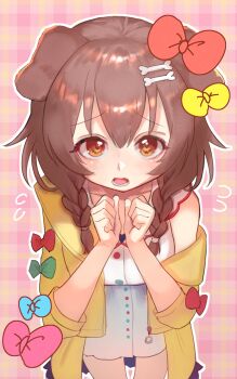 1girl 2023 animal_ears blue_bow blush bow braid braided_twintails breasts brown_eyes brown_hair dog_ears dog_girl green_bow highres inugami_korone large_breasts looking_at_viewer onikuman open_mouth pink_bow plaid_background red_bow twintails yellow_bow