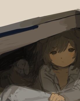 1girl animal_ears black_eyes brown_hair colored_skin dog dog_ears dog_girl dog_tail from_above highres long_hair long_sleeves looking_at_viewer lying memmem594714 non-web_source pajamas shirt solo stuffed_animal stuffed_rabbit stuffed_toy tail upper_body white_skin