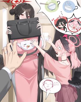 1boy 2girls absurdres alternate_costume black_hair black_wings blue_archive blush breasts ddog doodle_sensei_(blue_archive) feathered_wings hair_bun halo hasumi_(blue_archive) head_wings highres huge_breasts husband_and_wife koharu_(blue_archive) long_hair low_wings multiple_girls peroro_(blue_archive) pink_eyes pink_hair pink_halo pov red_eyes red_halo sensei_(blue_archive) shinkon_santaku twintails very_long_hair wings