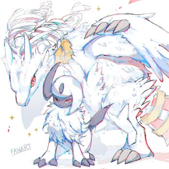 Rule 34 | absol, claws, colored sclera, commentary, dragon, forehead jewel, gen 3 pokemon, gen 5 pokemon, gur1, highres, horns, legendary pokemon, looking at viewer, nintendo, no humans, pokemon, pokemon (creature), pokemon focus, red eyes, red sclera, reshiram, reshiram (overdrive), shadow, single horn, sparkle, untranslatable commentary, white background, wings