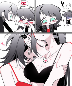 2girls bang_dream! bang_dream!_it&#039;s_mygo!!!!! bite_mark bite_mark_on_breast bite_mark_on_neck bite_mark_on_shoulder black_bra black_hair black_jacket black_shirt blue_eyes bra camisole closed_eyes closed_mouth commentary_request earrings hand_on_another&#039;s_arm heart hickey highres jacket jewelry kiss kissing_neck long_hair multiple_girls purple_eyes red_camisole shiina_taki shirt spoken_heart tears underwear white_shirt yahata_umiri yuri zikiki1092