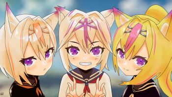 1girl 2boys animal_ear_fluff animal_ears black_sailor_collar black_shirt blonde_hair blue_sailor_collar blush cat_boy cat_ears cat_girl closed_mouth commentary english_commentary eyelashes filian_(vtuber) grin hair_between_eyes hair_intakes highres indie_virtual_youtuber kendomurft kimi_artsenpai long_hair multicolored_hair multiple_boys neckerchief orange_hair orange_neckerchief orange_sailor_collar pink_hair ponytail purple_eyes purple_hair red_neckerchief rekson rindo_(vrchat) sailor_collar shirt smile streaked_hair teeth trait_connection two-tone_hair virtual_youtuber white_hair white_neckerchief white_shirt