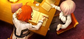 2girls ahoge black-framed_eyewear black_skirt book chair command_spell fate/grand_order fate_(series) from_above fujimaru_ritsuka_(female) game_asset hand_on_own_head holding holding_pen jacket long_sleeves mash_kyrielight multiple_girls necktie official_art on_chair open_book orange_hair pen pink_hair pocket_watch shirt short_hair sitting skirt table takeuchi_takashi third-party_source tile_floor tiles watch white_jacket white_necktie white_shirt writing