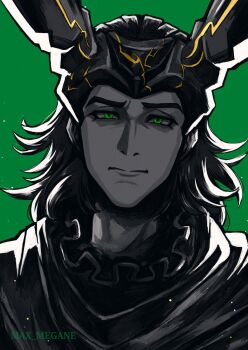 1boy animification artist_name commentary english_commentary fake_horns green_background green_eyes hair_slicked_back horned_headwear horns loki_(disney+) loki_(marvel) looking_at_viewer male_focus marvel marvel_rivals medium_hair megane_(0max_megane0) official_alternate_costume portrait robe solo spot_color thor_(marvel)_(series) upper_body