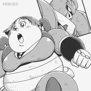 Rule 34 | 1990s (style), 1girl, commentary request, fat, getter kongo, getter robo, getter robo daikessen!, greyscale, ishikawa ken (style), mecha, mecha pilot suit, miroku (miroku t), monochrome, official style, open mouth, retro artstyle, robot, shibasaki kaede, short hair, solo, super robot, teeth, upper body, upper teeth only