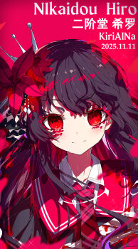 1girl absurdres artist_name black_hair blush character_name closed_mouth collared_shirt commentary crown dated extra_eyes flower hair_flower hair_ornament highres kiriaina long_hair looking_at_viewer mahou_shoujo_no_majo_saiban necktie nikaido_hiro portrait red_background red_eyes red_necktie red_shirt shirt simple_background smile solo spoilers witch_(manosaba)