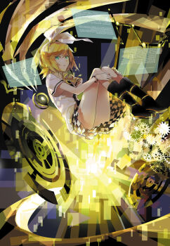 1girl aqua_eyes blonde_hair boots bracelet checkered_clothes checkered_skirt female_focus fetal_position floating floating_screen hair_ornament hair_ribbon hairclip jewelry kagamine_rin looking_at_viewer rella ribbon short_hair skirt solo tiger_rampage_(vocaloid) vocaloid