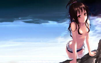 Rule 34 | brown hair, cait aron, censored, convenient censoring, flat chest, highres, solo, swimsuit, to love-ru, topless female, water, wet, yellow eyes, yuuki mikan