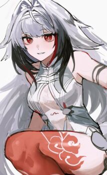 1girl armlet bare_shoulders black_hair breasts china_dress chinese_clothes cowboy_shot dress droopy_ears hair_intakes hairband jewelry leg_tattoo long_hair looking_at_viewer medium_breasts multicolored_hair nongxy_nonshi parted_lips red_eyes see-through_clothes silver_armlet simple_background smile solo squatting tattoo thighs transformation very_long_hair white_background white_dress white_hair white_hairband ye_shunguang zenless_zone_zero