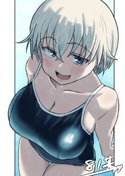 1girl absurdres blue_background blue_eyes blue_one-piece_swimsuit blush brave_witches breasts cleavage collarbone highres large_breasts looking_at_viewer nikka_edvardine_katajainen one-piece_swimsuit open_mouth short_hair simple_background smile solo swimsuit tama_kitsune white_hair world_witches_series