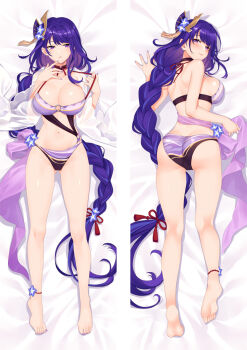 1girl adapted_costume anklet ass barefoot bikini black_choker braid breasts choker closed_mouth commentary_request dakimakura_(medium) full_body genshin_impact hair_ornament jewelry large_breasts long_hair looking_at_viewer low-braided_long_hair low-tied_long_hair lying moeanime multiple_views navel o-ring o-ring_bikini on_back on_stomach parted_lips purple_bikini purple_eyes purple_hair raiden_shogun smile strap_lift swimsuit very_long_hair