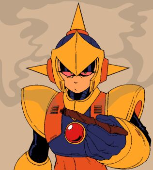 Rule 34 | 1boy, android, colored sclera, drugs, enker (mega man), green eyes, helmet, highres, joint (drug), looking at viewer, male focus, marijuana, mega man: dr. wily's revenge, mega man (classic), mega man (series), red sclera, simple background, solo, stoned, submarinechamomile, upper body