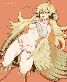 1girl absurdres ahoge bird_legs bird_tail blonde_hair blonde_pubic_hair blush breasts cameltoe claws clothes_lift commentary feathered_wings feathers female_pubic_hair harpy highres lifting_own_clothes long_hair looking_at_viewer medium_breasts messy_hair monster_girl navel nipples orange_background original panties pubic_hair pulling_own_clothes shirt_lift simple_background solo tail talons tank_top tongue tongue_out twitter_username underwear unreal_fish very_long_hair white_panties white_tank_top winged_arms wings yellow_eyes yellow_feathers yellow_wings