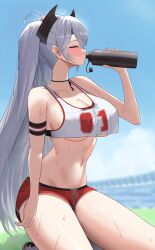 Rule 34 | 1girl, absurdres, antenna hair, arm strap, azur lane, bare shoulders, black choker, blue sky, bottle, breasts, choker, cleavage, cloud, collarbone, commentary, crop top, crop top overhang, day, drinking, grey hair, headgear, highres, holding, holding bottle, kneeling, large breasts, long hair, mole, mole on breast, multicolored hair, navel, number print, official alternate costume, outdoors, parted bangs, prinz eugen (azur lane), prinz eugen (brilliant touchdown) (azur lane), red hair, red shorts, rk (cc15915r), shirt, short shorts, shorts, sidelocks, sky, sleeveless, sleeveless shirt, solo, stadium, stomach, streaked hair, sweat, swept bangs, two side up, underboob, very long hair, water bottle, white hair, white shirt