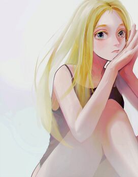 1girl absurdres asaki_illust blonde_hair blue_eyes commentary_request forehead grey_eyes heterochromia highres kofune_ushio looking_at_viewer one-piece_swimsuit simple_background solo summertime_render swimsuit upper_body white_background
