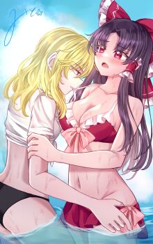 2girls alternate_costume bikini black_bikini blonde_hair blue_sky blush bow bow_bikini breasts brown_hair cleavage cloud collarbone commentary_request day frilled_bow frilled_hair_tubes frills hair_bow hair_tubes hakurei_reimu hand_under_clothes hand_under_swimsuit highres kirisame_marisa large_breasts long_hair mito_(fate) multiple_girls navel no_headwear open_mouth outdoors pink_bow red_bikini red_bow red_eyes shirt short_sleeves sky stomach swimsuit tied_shirt touhou wading water wet white_shirt yuri