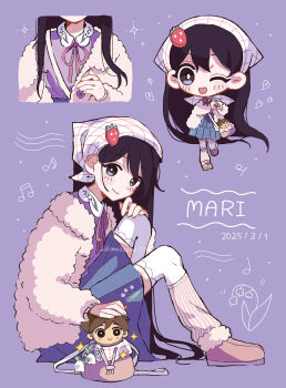 1girl 2025 ;d absurdres ankle_boots arm_support bag black_eyes black_hair blue_shorts blush boots bright_pupils brown_bag brown_boots character_doll character_name chibi chibi_inset closed_mouth collared_shirt commentary_request dated doll double-parted_bangs fingernails flower full_body fur-trimmed_boots fur_jacket fur_trim hair_behind_ear hair_between_eyes hand_on_own_knee hat headscarf heart heart_hands hero_(faraway)_(omori) hero_(omori) highres jacket knees_up komekopan_720 layered_legwear lily_of_the_valley long_hair long_sleeves looking_at_viewer loose_socks mari_(birthday)_(omori) mari_(faraway)_(omori) mari_(omori) medium_skirt multiple_views musical_note musical_staff official_alternate_costume omori one_eye_closed open_clothes open_jacket open_mouth pleated_skirt purple_background purple_shirt ribbed_socks shirt shorts shoulder_bag simple_background sitting skirt smile socks sparkle standing standing_on_one_leg straight_hair strawberry_hat_ornament thighhighs very_long_hair white_hat white_headscarf white_jacket white_pupils white_thighhighs