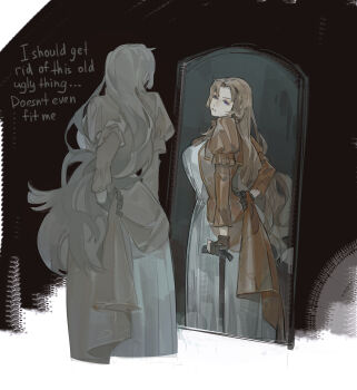 Rule 34 | 1girl, absurdres, black gloves, blue eyes, breasts, brown coat, brown hair, cane, coat, cowboy shot, dress, english text, gloves, highres, holding, holding cane, large breasts, limbus company, long hair, mirror, parted bangs, project moon, rodion (project moon), senia soft, very long hair, white dress, wuthering heights (identity) (project moon)
