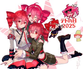 Rule 34 | 6+girls, ahoge, artist name, black boots, black jacket, black skirt, boots, chibi, chibi inset, closed mouth, collared shirt, commentary, drill hair, eyewear on head, grey skirt, hair ornament, hairband, hand on another's shoulder, highres, jacket, kasane teto, kasane teto (sv), kasane teto (tropipop), kasane teto (utau), kasane teto (voicepeak), kneeling, long sleeves, looking at viewer, midriff, multiple girls, multiple persona, one eye closed, open mouth, own hands together, pink hair, poke ball, red nails, rival teto (project voltage), shirt, short hair, sidelocks, skirt, smile, sunglasses, synthesizer v, torino sasami, twin drills, untranslatable commentary, utau, voicepeak, x hair ornament