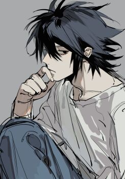 1boy akmizuk arm_up black_eyes black_hair blue_pants closed_mouth collarbone crew_neck death_note denim fingernails frown grey_background hand_to_own_mouth highres jeans l_(death_note) looking_back male_focus pants profile shirt solo white_shirt