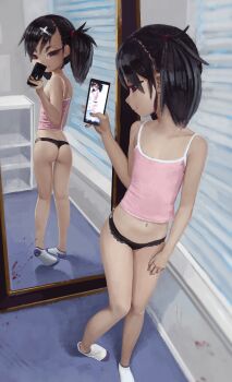 1girl ass black_hair black_panties blood blood_splatter breasts camisole dagger_(fiz-rot) feet female_focus fiz-rot hair_ornament hairclip highres loli mirror navel original panties phone pink_camisole pink_tank_top red_eyes reflection selfie small_breasts smile socks tank_top thong twintails underwear