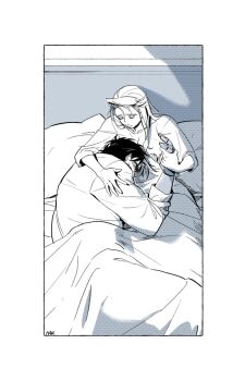 1boy 1girl battle_tendency couple cradling_head hakmonss highres husband_and_wife injury jojo_no_kimyou_na_bouken joseph_joestar joseph_joestar_(young) mechanical_arms monochrome prosthesis prosthetic_arm suzi_q under_covers