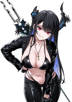absurdres asymmetrical_horns bikini black_bikini black_gloves black_jacket black_pants breasts cleavage collarbone cropped_jacket demon_horns female_pubic_hair gloves highres holding holding_polearm holding_weapon hololive hololive_english horns jacket jewelry large_breasts leaning_forward leather leather_jacket leather_pants looking_at_viewer navel necklace nerissa_ravencroft open_clothes open_jacket pants polearm pubic_hair pubic_hair_peek raikkonen red_eyes simple_background solo stomach swimsuit uneven_horns virtual_youtuber weapon white_background