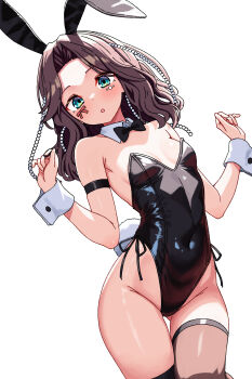 1girl absurdres animal_ear_hairband animal_ears armband asymmetrical_legwear black_bow black_bowtie black_leotard bow bowtie breasts brown_hair commentary_request daelriibres detached_collar fake_animal_ears gluteal_fold green_eyes hairband highres hololive leotard natsuiro_matsuri playboy_bunny rabbit_ears rabbit_tail side-tie_leotard simple_background small_breasts solo strapless strapless_leotard tail thigh_gap uneven_legwear virtual_youtuber w_arms white_background wrist_cuffs