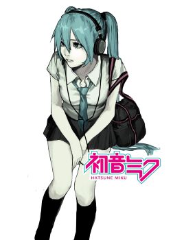 1girl absurdres adapted_costume aqua_eyes aqua_hair aqua_necktie bag black_skirt black_socks blue_eyes blue_hair character_name closed_mouth collared_shirt hair_between_eyes hatsune_miku headphones highres invisible_chair kneehighs long_hair looking_to_the_side necktie shirt simple_background sitting skirt socks solo tie_clip twintails very_long_hair vocaloid white_shirt ystty0