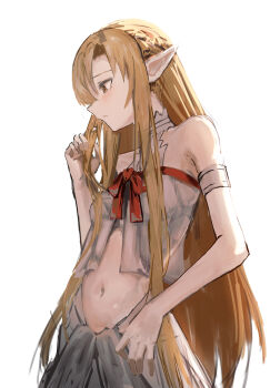 1girl absurdres armband asuna_(sao) bare_shoulders blonde_hair bow bowtie braid breasts brown_eyes cokei commentary cowboy_shot crop_top curtained_hair elf half_up_braid highres long_hair long_pointy_ears long_sidelocks midriff navel parted_lips playing_with_own_hair pointy_ears profile red_bow red_bowtie sidelocks simple_background skirt small_breasts solo standing sword_art_online titania_(sao) very_long_hair very_long_sidelocks white_armband white_background white_skirt