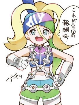 1girl bandolier belt bike_shorts bike_shorts_under_shorts blonde_hair blue_eyes blue_hair blue_shirt blue_shorts breasts elbow_gloves fingerless_gloves gloves gradient_clothes gradient_shirt gradient_shorts green_hair green_shorts hair_between_eyes highres korrina_(pokemon) long_hair mega_evolution_symbol mega_stone meta-g_(curc8737) nintendo open_mouth pokemon pokemon_legends:_z-a purple_hair purple_shirt shirt shorts shorts_under_shorts simple_background sleeveless smile solo speech_bubble teeth upper_teeth_only white_background white_gloves white_shorts