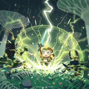 animal_skeleton black_pants blonde_hair blue_eyes bone charged_set_(zelda) chibi chibi_only clenched_hand creature dated electricity fighting_stance furrowed_brow holding holding_sword holding_weapon horns link lizard male_focus master_sword medium_hair midriff nintendo official_alternate_costume open_mouth pants shanzer sidelocks single_horn sword the_legend_of_zelda the_legend_of_zelda:_tears_of_the_kingdom weapon