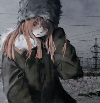 1girl blush brown_eyes brown_hair closed_mouth freckles fur_hat green_jacket hat highres jacket long_sleeves looking_at_viewer mouth_hold original outdoors solo stuffbecauseidk