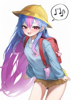 1girl absurdres arms_at_sides backpack bag bag_charm bing_hayu blue_hair blue_sweater character_charm charm_(object) colored_inner_hair commentary cowboy_shot double-parted_bangs floating_hair gigabani hair_between_eyes hat highres kindergarten_uniform leaning_forward long_bangs long_hair long_sleeves luvdia miniskirt mole mole_under_eye multicolored_hair musical_note open_mouth pink_hair pleated_skirt randoseru red_eyes school_hat simple_background skirt smile solo speech_bubble spoken_musical_note standing streaked_hair sweater symbol-only_commentary two-tone_hair very_long_hair virtual_youtuber white_background wing_collar yellow_skirt
