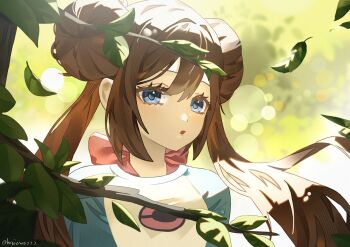 1girl blue_eyes blue_sweater blurry blurry_background blush bow brown_hair donut_hair_bun double_bun falling_leaves floating_hair hair_bun highres leaf long_hair looking_at_viewer nature naz_(hsae3838) nintendo open_mouth outdoors pink_bow poke_ball_print pokemon pokemon_black_2_and_white_2 rosa_(pokemon) solo sweater tree twintails twitter_username two-tone_sweater upper_body white_sweater