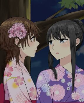 2girls absurdres black_hair blue_eyes brown_eyes brown_hair commentary_request eye_contact floral_print floral_print_kimono flower hair_flower hair_ornament highres japanese_clothes kimono long_hair looking_at_another medium_hair multiple_girls night original outdoors parted_lips pink_flower pink_kimono print_kimono purple_kimono ryuusa tree