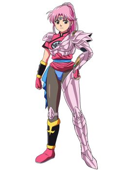 1girl anime_coloring arm_guards armor asymmetrical_footwear black_pantyhose blue_leotard blue_sash breastplate breasts brown_eyes china_dress chinese_clothes circlet clenched_hands closed_mouth clothes_lift collared_dress curtained_hair dragon_quest dragon_quest_dai_no_daibouken dress dress_lift fingerless_gloves full_body gloves greaves hand_on_own_hip knee_guards large_breasts leotard long_hair looking_at_viewer maam mismatched_footwear miyamoto_emiko official_art pantyhose pelvic_curtain pink_dress pink_gloves pink_hair pink_shoes ponytail sash shin_guards shoes short_sleeves shoulder_armor side_slit sidelocks simple_background solo standing tachi-e tented_shirt transparent_background v-shaped_eyebrows variant_set