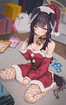 1girl animal_ears black_hair blue_archive blue_eyes blush breasts christmas commentary_request halo hibiki_(blue_archive) long_hair looking_at_viewer o_(oooooo04291) solo yellow_halo