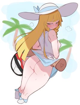 0lightsource 1boy 1girl ass back bag blonde_hair blunt_bangs blush braid breasts closed_mouth collarbone disembodied_hand dress eyelashes feet_out_of_frame from_behind gluteal_fold green_eyes half-closed_eyes hat highres holding holding_bag kneepits lillie_(pokemon) loli long_hair looking_back nintendo nipples outdoors palm_tree pokemon pokemon_sm simple_background sky sleeveless sleeveless_dress small_breasts solo_focus standing sun_hat sweatdrop thighs tree twin_braids white_background white_headwear