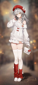 1girl absurdres alternate_costume bag bare_shoulders beret blurry blurry_background breasts cellphone cleavage commentary full_body grey_hair hair_between_eyes hand_up handbag hat highres holding holding_bag holding_phone honkai:_star_rail honkai_(series) leg_warmers long_hair long_sleeves looking_at_viewer parted_lips phone red_hat red_leg_warmers shoes signature skirt smartphone solo standing stelle_(honkai:_star_rail) sweater thighhighs toria_(toriaa_27) trailblazer_(honkai:_star_rail) white_bag white_shoes white_skirt white_thighhighs yellow_eyes zettai_ryouiki