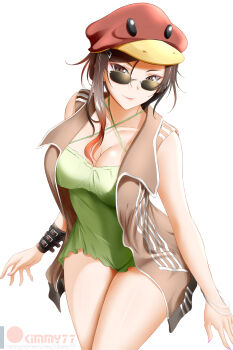 1girl breasts brown-tinted_eyewear brown_eyes brown_hair cleavage coco_adel dress female_focus green_dress hair_between_eyes hair_ornament hairpin highres kimmy77 looking_over_eyewear looking_over_glasses nail_polish patreon_username rwby short_hair sleeveless smile sunglasses tagme thighs tinted_eyewear watermark
