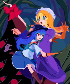 Rule 34 | 2girls, absurdres, black hat, blonde hair, blue hair, blue skirt, brodall pixel, carrying, carrying person, commentary request, dress, forest, gap (touhou), hat, highres, hinanawi tenshi, holding, holding knife, knife, long hair, looking to the side, multiple girls, nature, open mouth, purple dress, red eyes, skirt, touhou, tree, v-shaped eyebrows, white hat, yakumo yukari