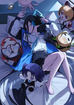 1girl absurdly_long_hair absurdres aqua_halo aris_(blue_archive) arms_up barefoot black_hair black_hairband black_jacket black_skirt blue_archive blue_eyes blue_jacket blue_necktie blush buttons cellphone character_doll collared_shirt commentary doll doodle_sensei_(blue_archive) double-parted_bangs english_commentary eyes_visible_through_hair flat_chest hair_between_eyes hairband halo handheld_game_console head_on_pillow helenhe highres holding holding_handheld_game_console jacket knees_together_feet_apart knees_up long_bangs long_hair long_hair_between_eyes long_sleeves looking_at_viewer loose_necktie lying midori_(blue_archive) momoi_(blue_archive) multicolored_jacket necktie on_back on_bed one_side_up open_clothes open_jacket panties pantyshot parted_lips phone pillow pleated_skirt puffy_long_sleeves puffy_sleeves raised_inner_eyebrows rectangular_halo ringed_eyes sensei_(blue_archive) shirt sidelocks skirt smartphone solo tie_clip toes turning_head two-sided_fabric two-sided_jacket underwear very_long_hair white_jacket white_panties white_shirt yuuka_(blue_archive) yuzu_(blue_archive)