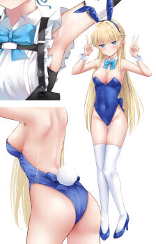 >:) 1girl animal_ear_hairband animal_ears aqua_bow aqua_bowtie armpits ass back back_bow bare_shoulders blonde_hair blue_archive blue_bow blue_eyes blue_hairband blue_leotard blue_shoes blunt_bangs blush bow bowtie braid breasts c.u.wa cleavage close-up closed_mouth collarbone commentary_request covered_navel curvy detached_collar double_v fake_animal_ears from_behind full_body gluteal_fold groin hair_behind_ear hairband half_up_braid hands_up high_heels highleg highleg_leotard highres knees_together_feet_apart large_breasts legs leotard long_hair looking_at_viewer multiple_views official_alternate_costume official_alternate_hairstyle playboy_bunny rabbit_ears rabbit_tail shoes sideboob sidelocks smile smug standing straight_hair strapless strapless_leotard tail thigh_gap thighhighs toki_(blue_archive) toki_(bunny)_(blue_archive) v v-shaped_eyebrows very_long_hair white_thighhighs white_wrist_cuffs wrist_cuffs